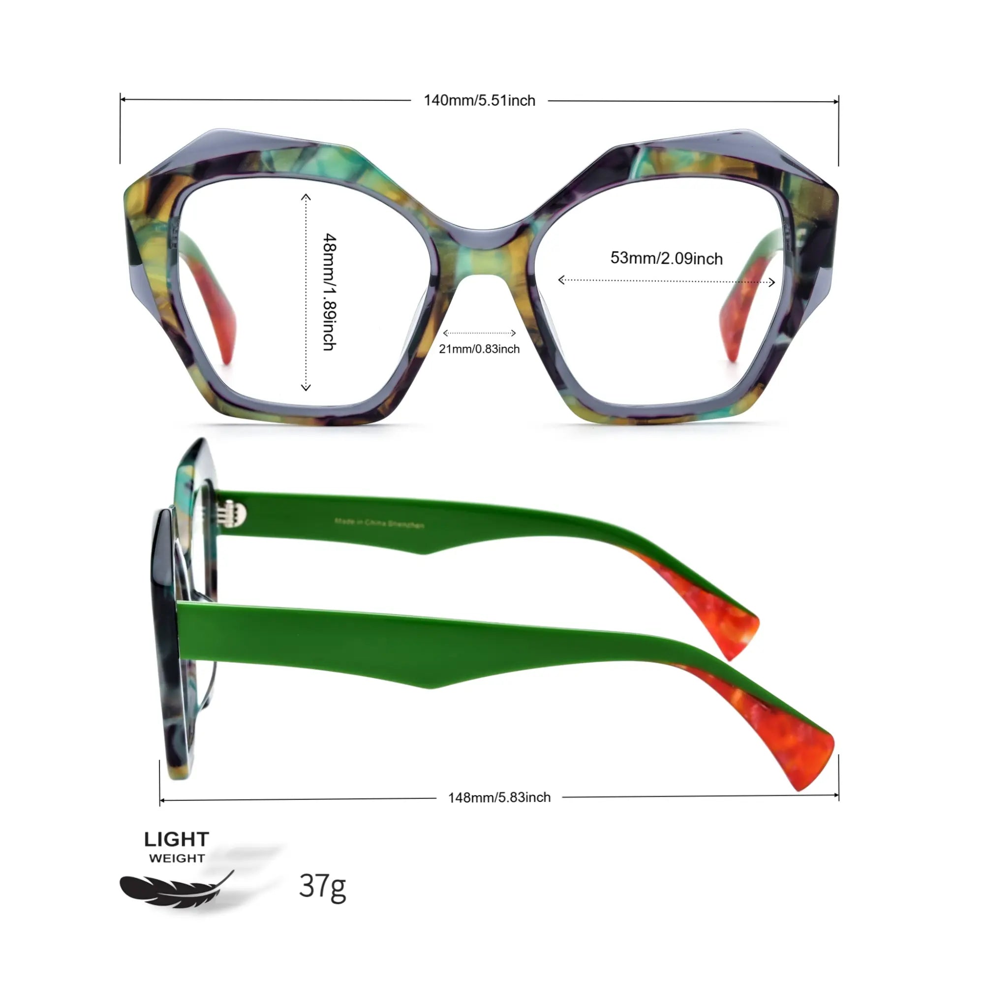 Eyeglasses measurement chart for VoyueLens™ Forest Marble showing detailed dimensions for accurate fit.